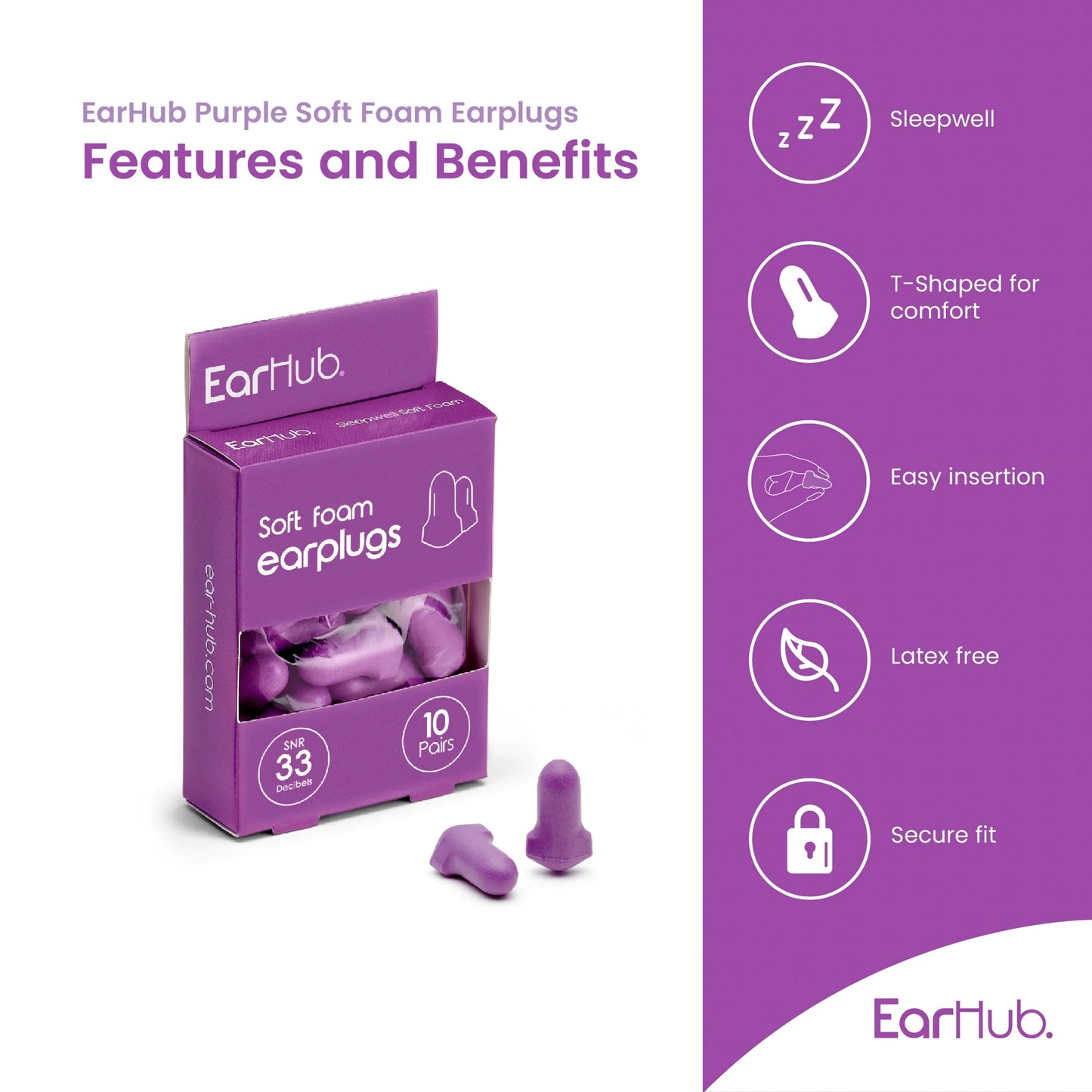 Soft Foam Earplugs 10 Pairs by EARHUB