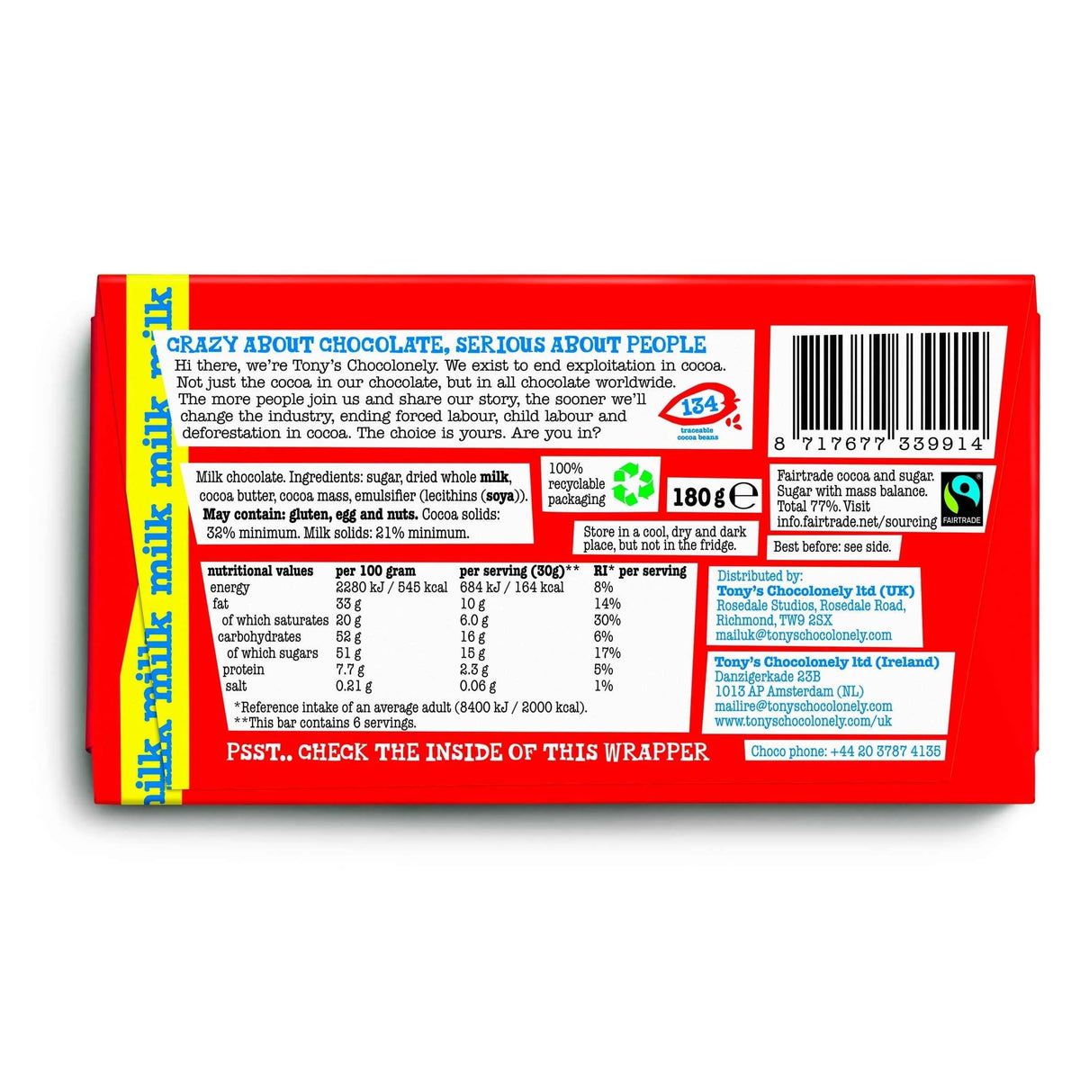 Chocolonely Milk Chocolate 180g by TONY'S