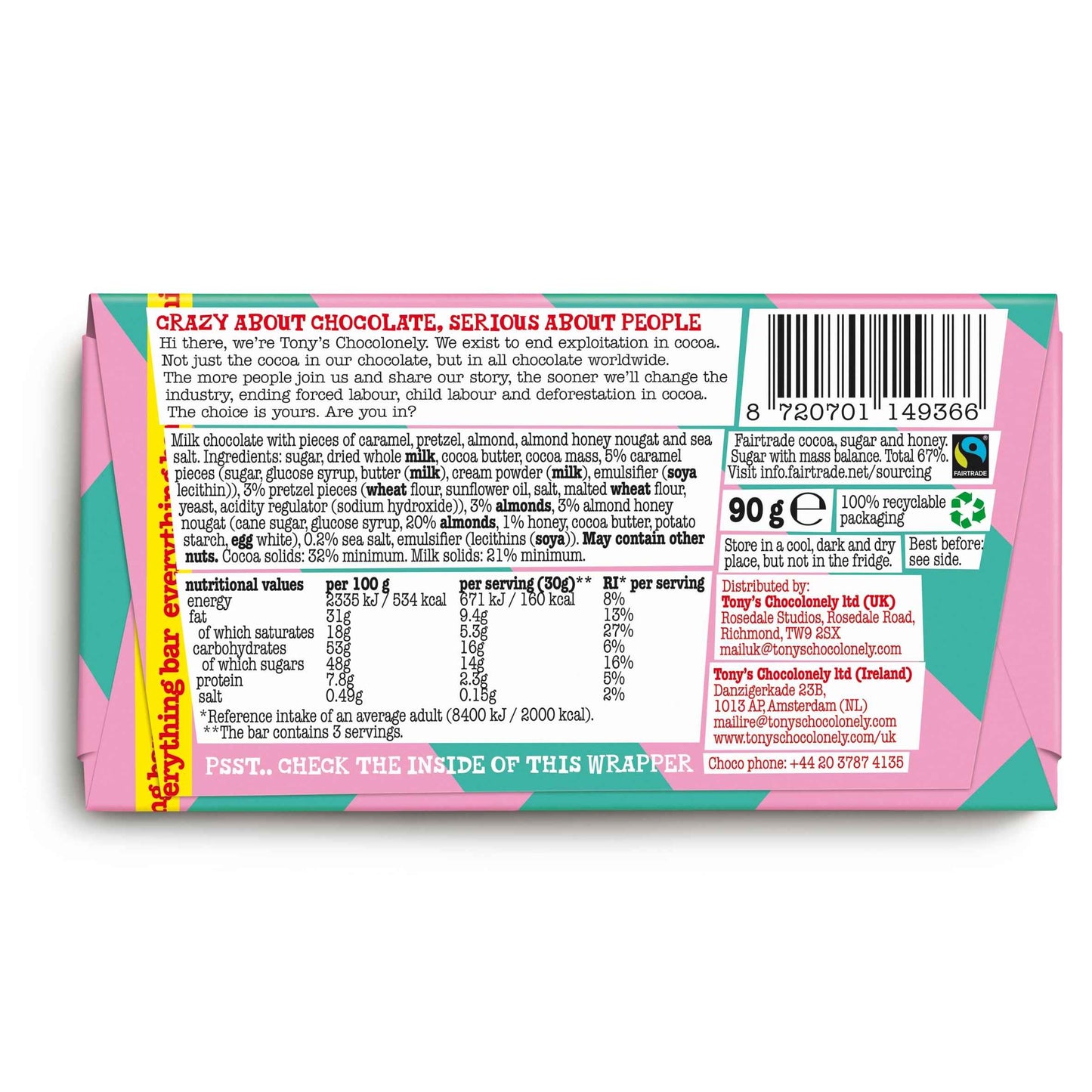Chocolonely Milk Chocolate Caramel Pretzel Almond Nougat Sea by TONY'S