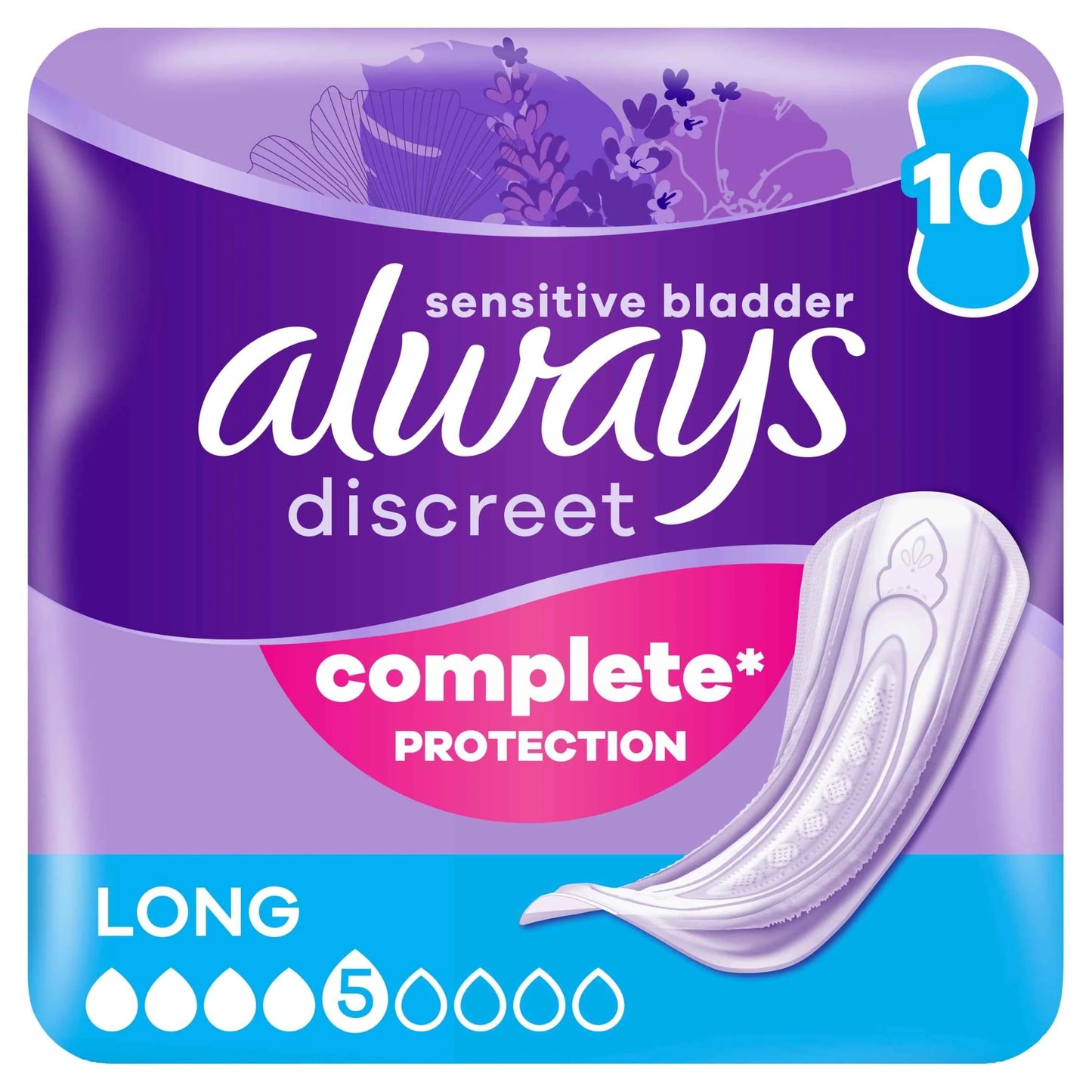 Discreet Long Incontinence Pads 10 Pack by always