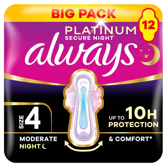 Platinum Secure Night 12 Sanitary Pads With Wings Size 4 by always