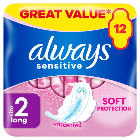 Sensitive Long Size 2 Sanitary Towels With Wings 12 Pack by always