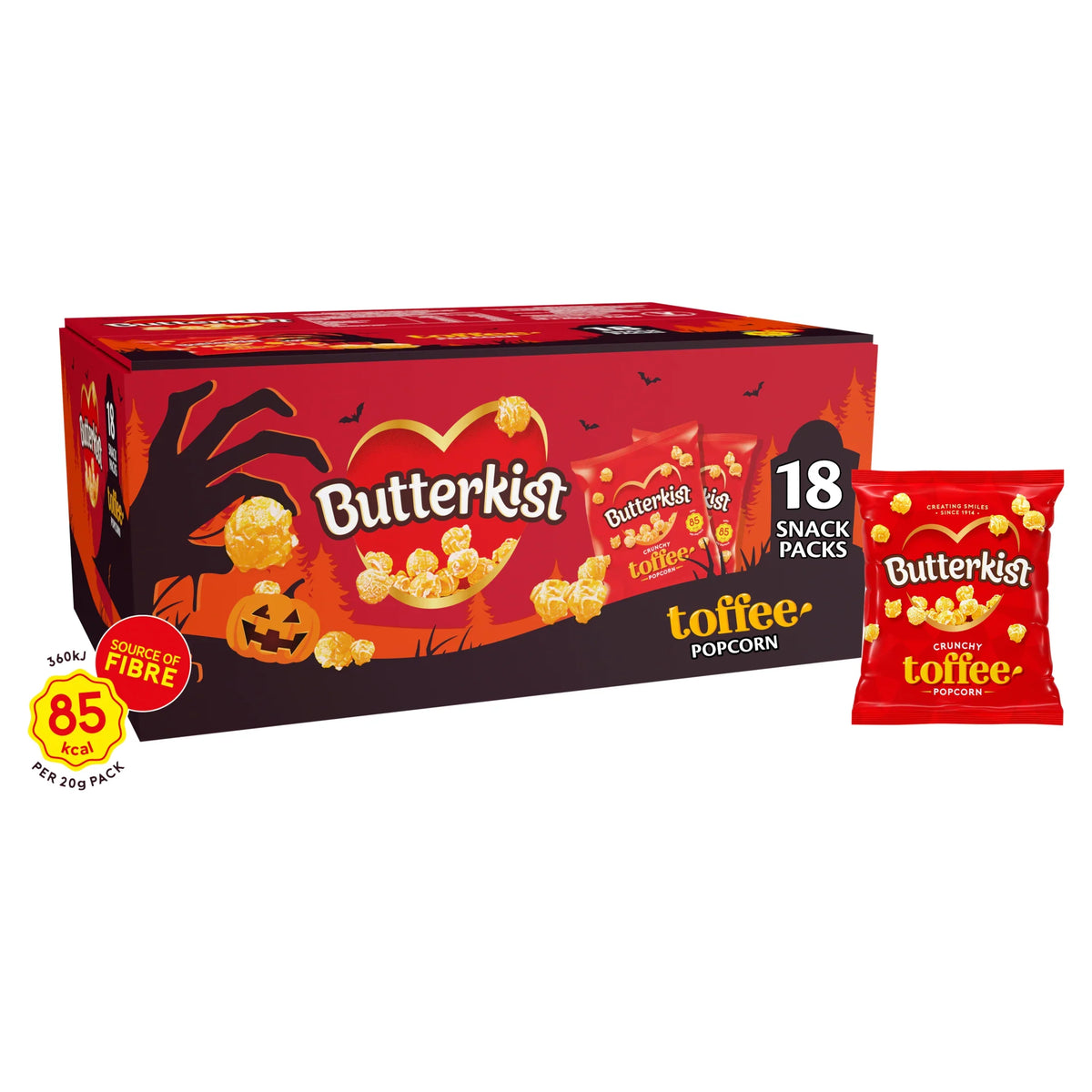 Toffee Popcorn Box 18x20g by BUTTERKIST at The British Vault