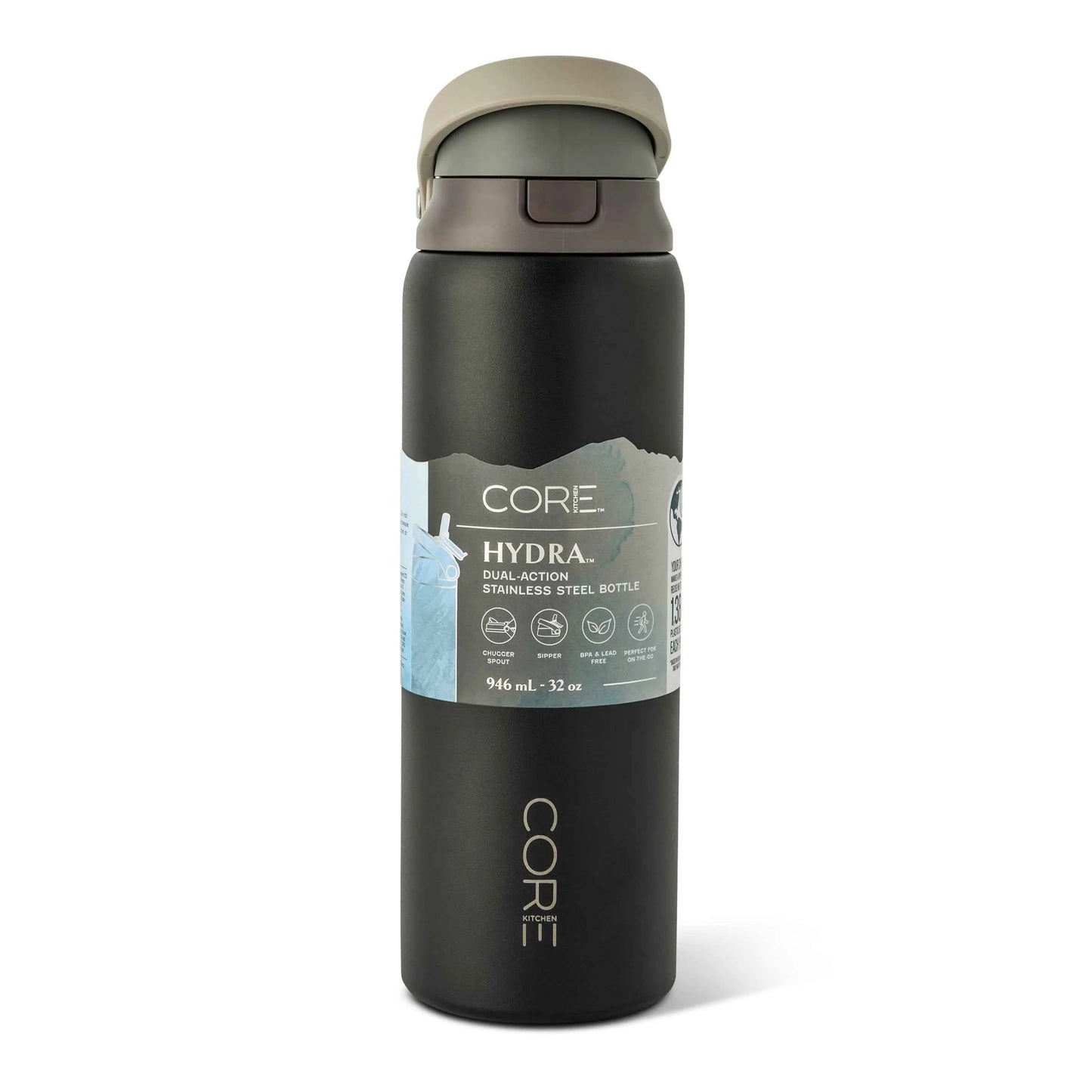 Black Hydra Dual Function Water Bottle 946ml by CORE KITCHEN