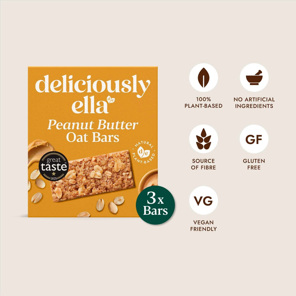 Baked Flapjack Oat Bars - Peanut Butter 3 Pack 50g by DELICIOUSLY ELLA