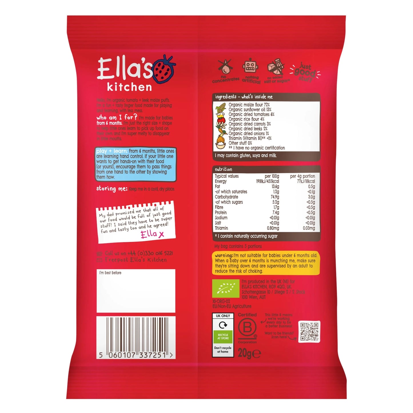 Leek & Tomato Melty Puffs 20g by Ella's kitchen