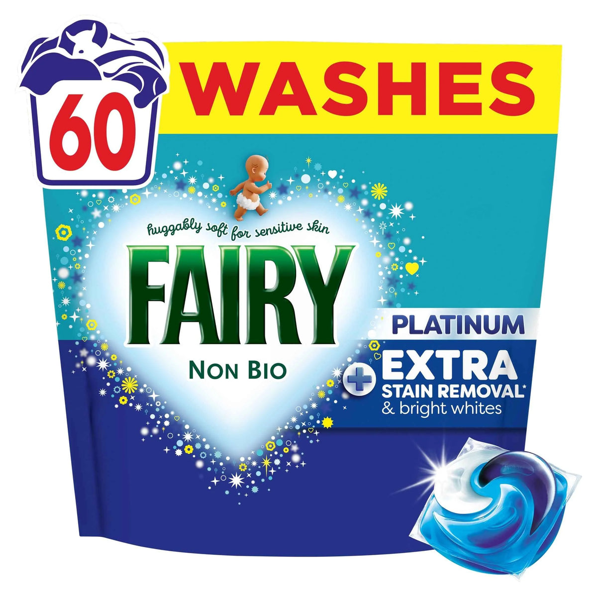 Non Bio Platinum Washing Pods Extra Stain Removal 60 Washes by FAIRY