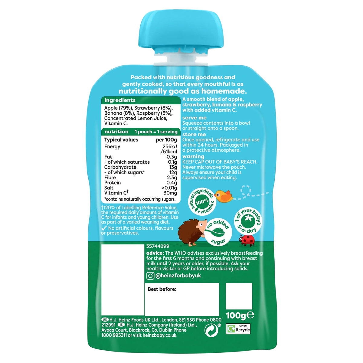 Strawberry, Raspberry & Banana Baby Food Fruit Puree Pouch by HEINZ