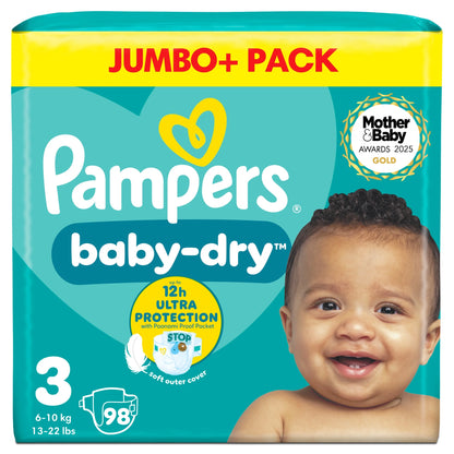 Baby Dry Size 3 Nappies Jumbo+ 98 Pack by Pampers