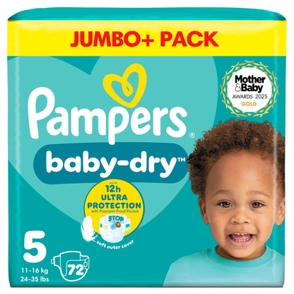 Baby Dry Size 5 Jumbo+ Pack 72 Nappies by Pampers