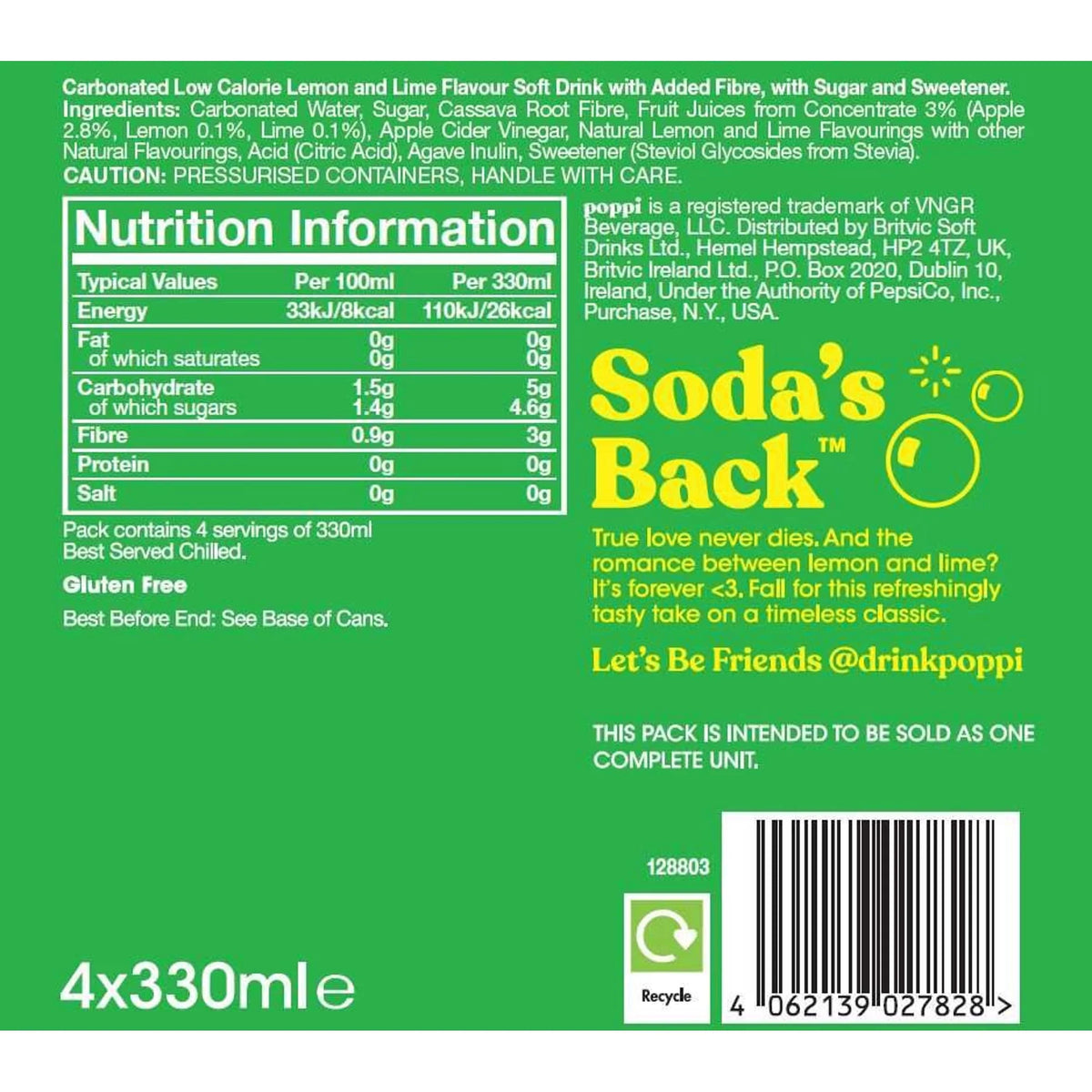 Lemon & Lime Soda Cans 4x330ml by poppi