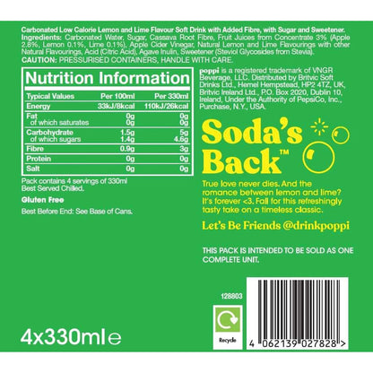 Lemon & Lime Soda Cans 4x330ml by poppi