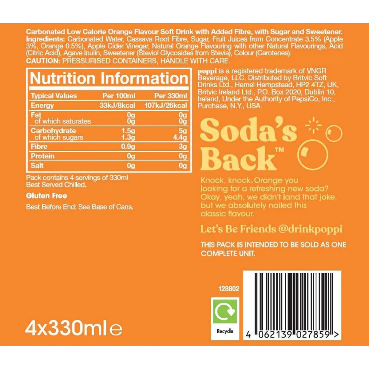 Orange Soda Cans 4x330ml by poppi