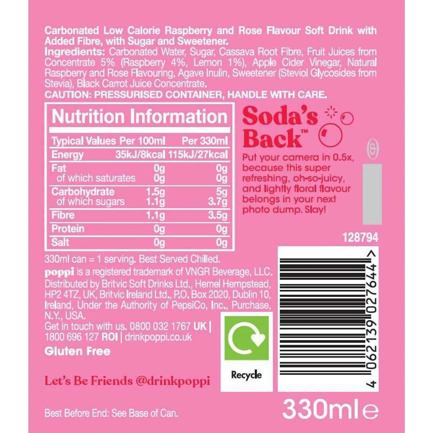 Raspberry & Rose Soda Can 330ml by poppi