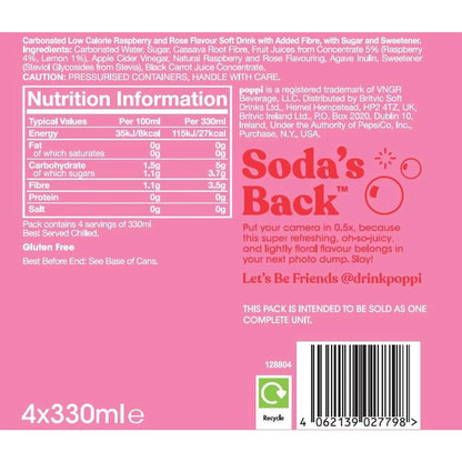 Raspberry & Rose Soda Cans 4x330ml by poppi