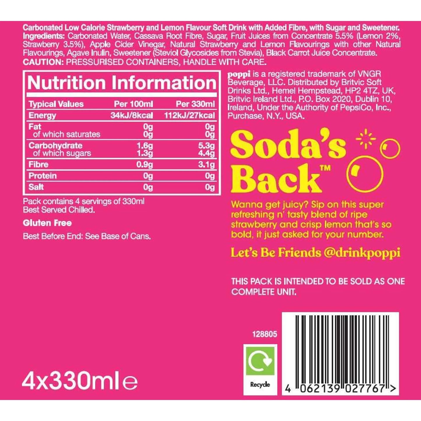 Strawberry & Lemon Soda Cans 4x330ml by poppi