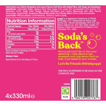 Strawberry & Lemon Soda Cans 4x330ml by poppi