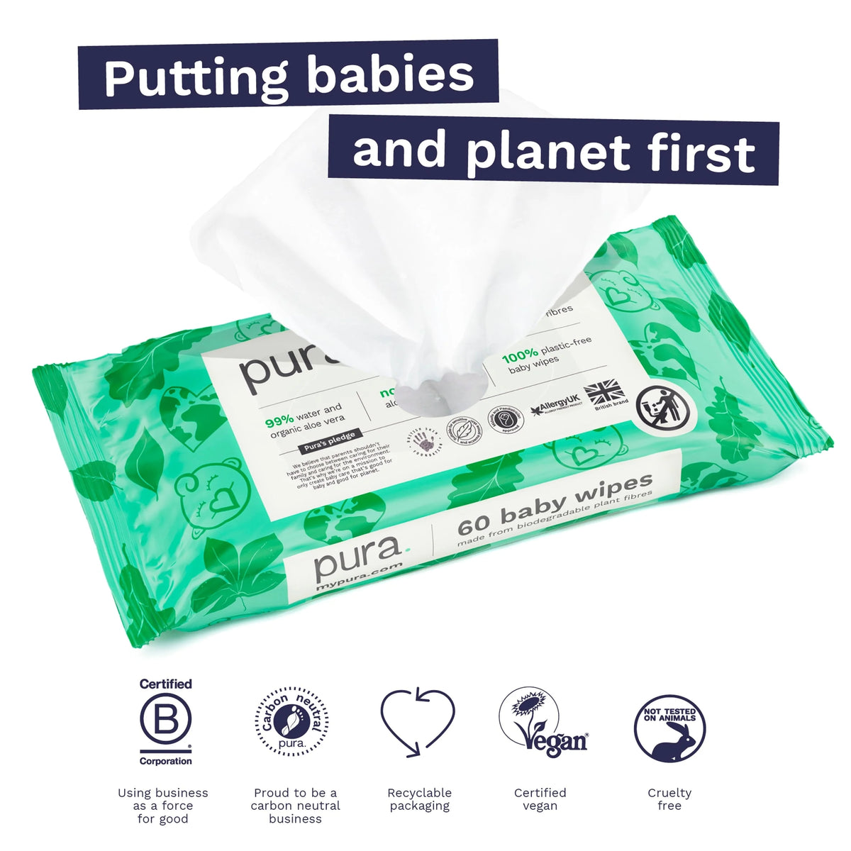 Plastic Free Baby Wipes 3 X 60pk by PURA