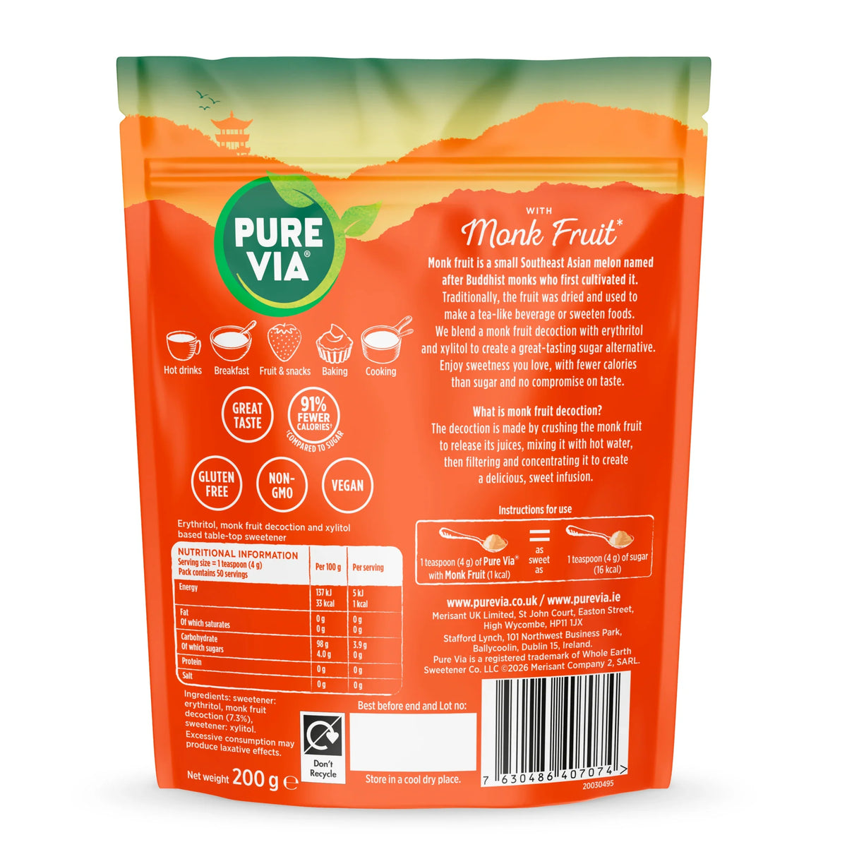 Pure Via Monk Fruit Granulated Sweetener 200g by PUREVIA at The British Vault