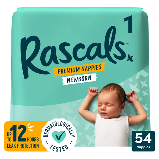 Premium Nappies, Size 1 | 54 Pack by Rascals