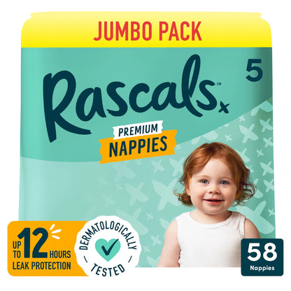 Premium Nappies, Size 5 | 58 Jumbo Pack by Rascals