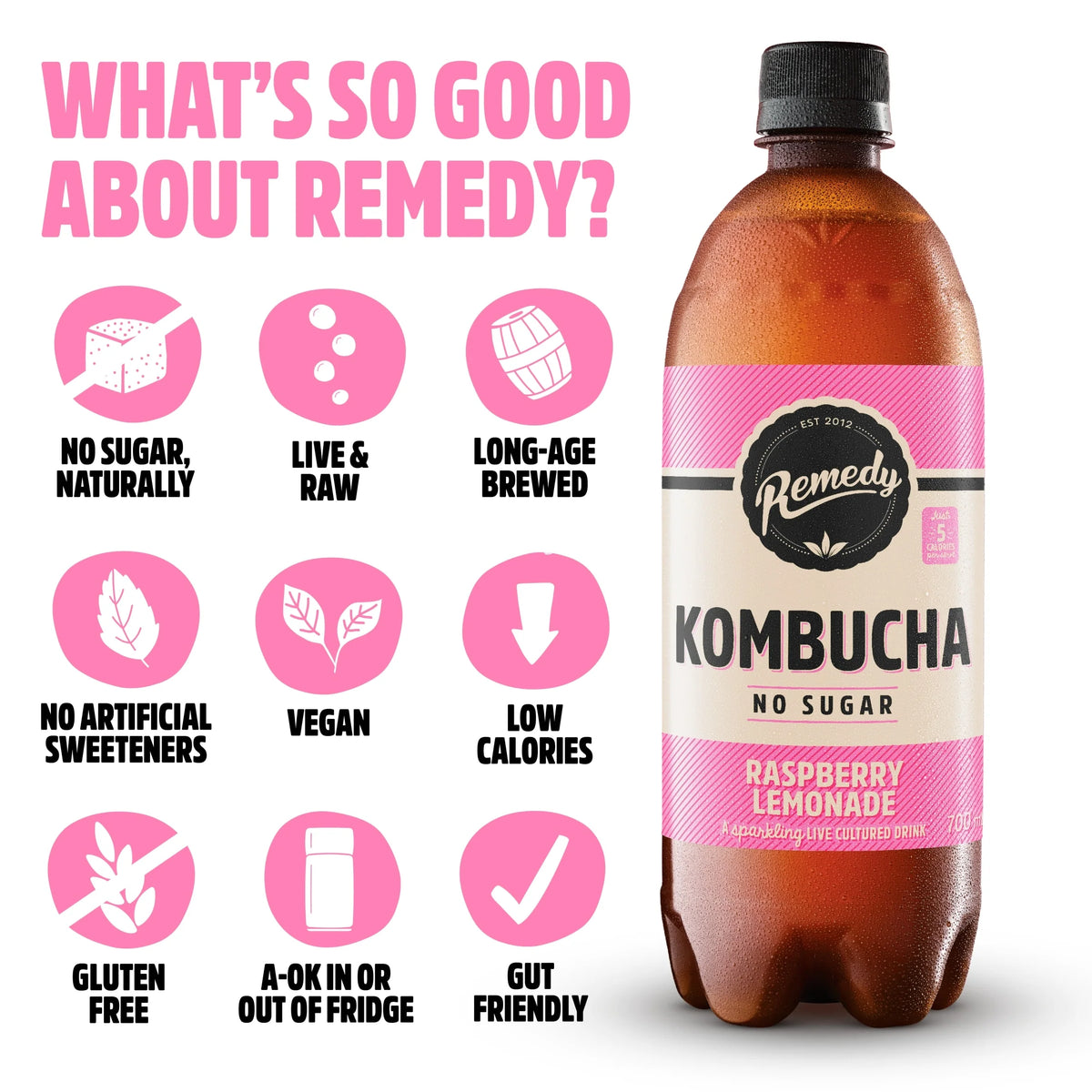 Kombucha Raspberry Lemonade 700ml by REMEDY