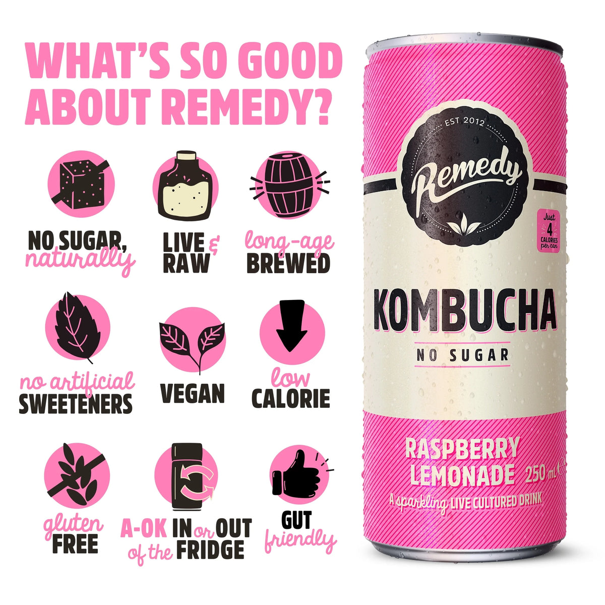 Kombucha Raspberry Lemonade Sugar Free by REMEDY