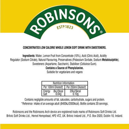 Lemon No Added Sugar Squash 1l by ROBINSONS