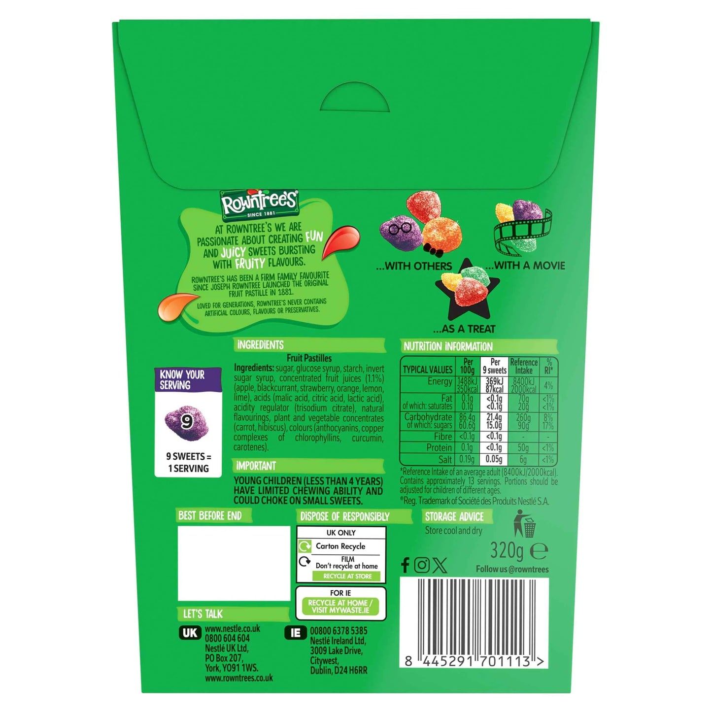 Fruit Pastilles Sweets Carton 320g by Rowntree's