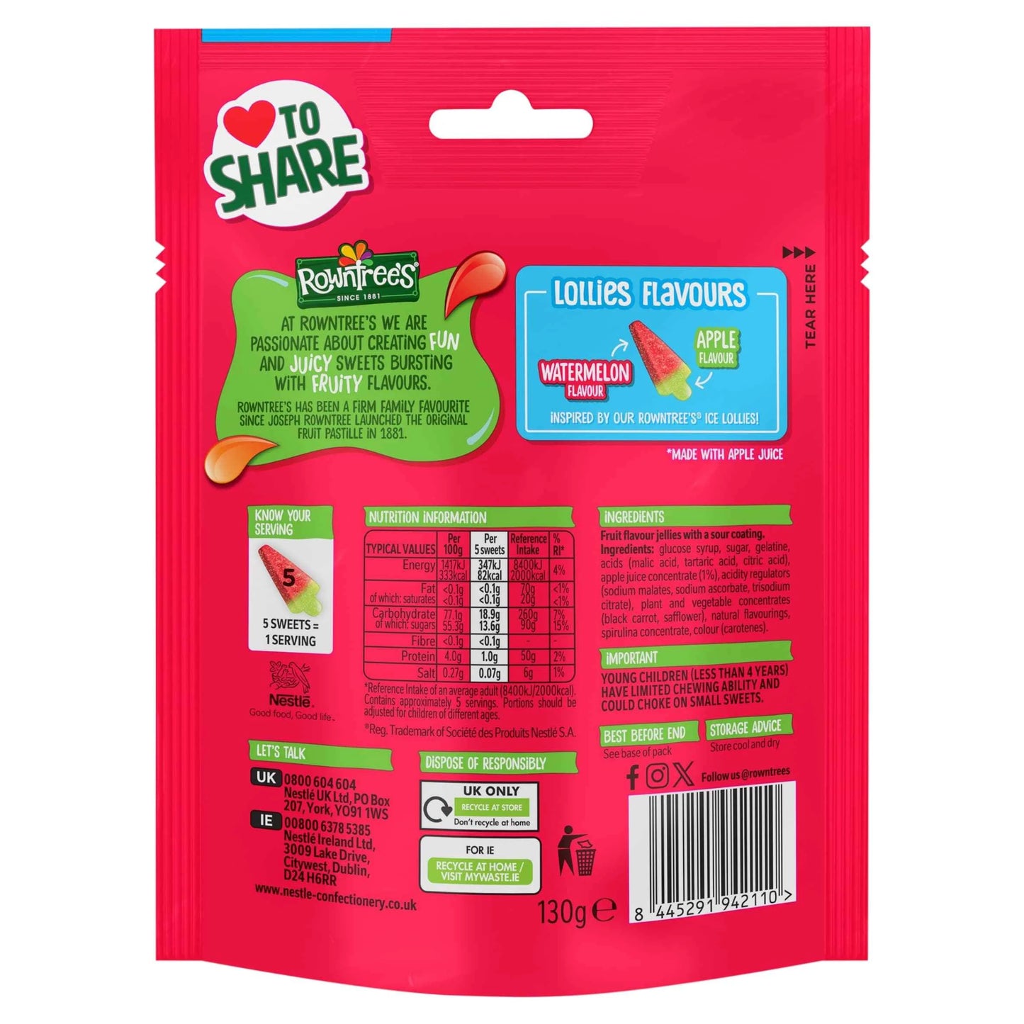 Sour Watermelon Flavour Lollies 130g by ROWNTREES