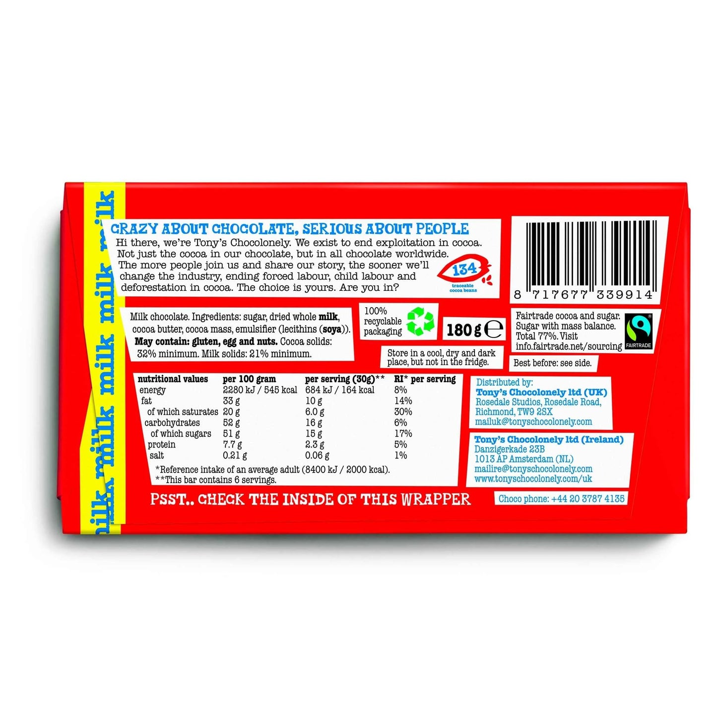 Chocolonely Milk Chocolate 180g by TONY'S