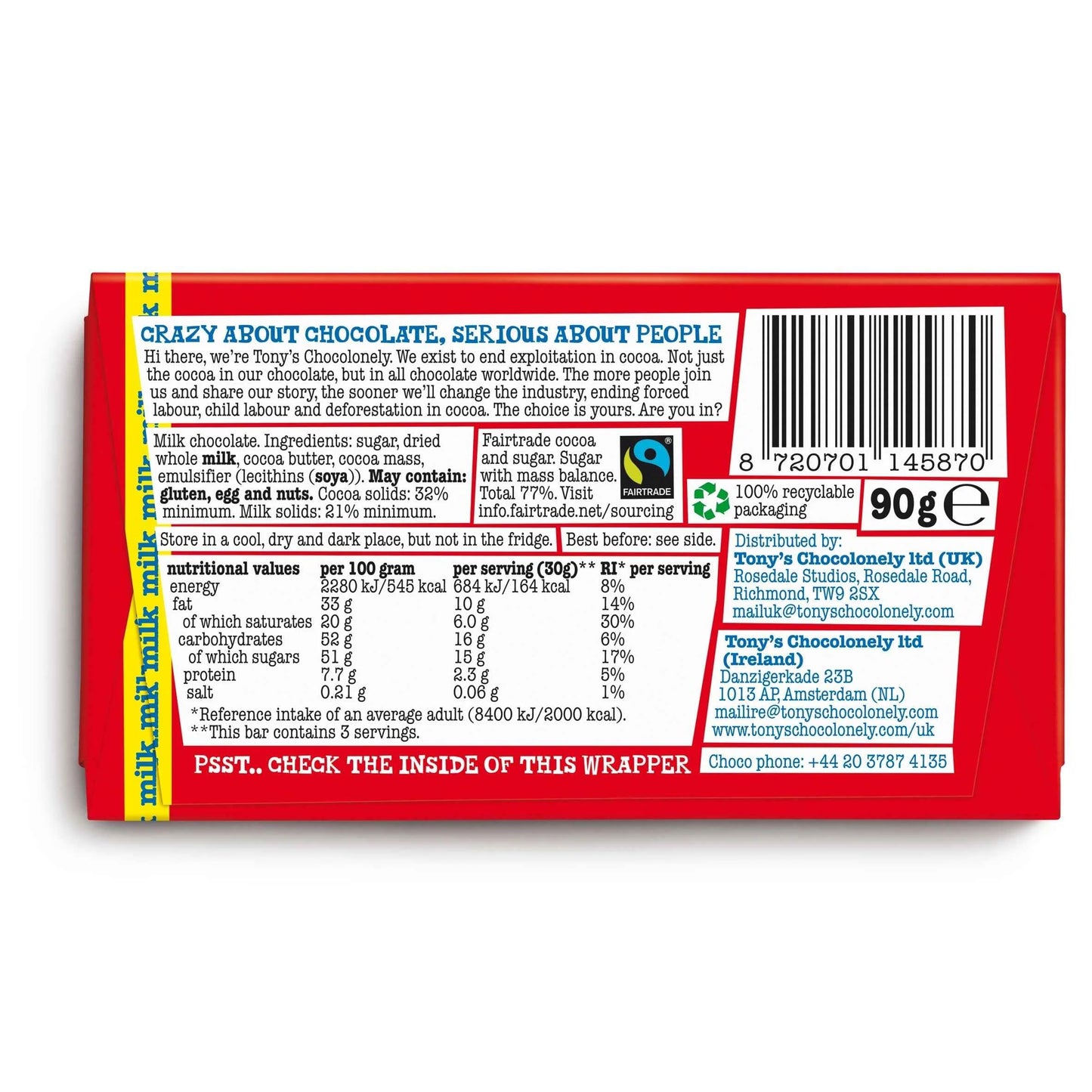 Chocolonely Milk Chocolate 90g by TONY'S