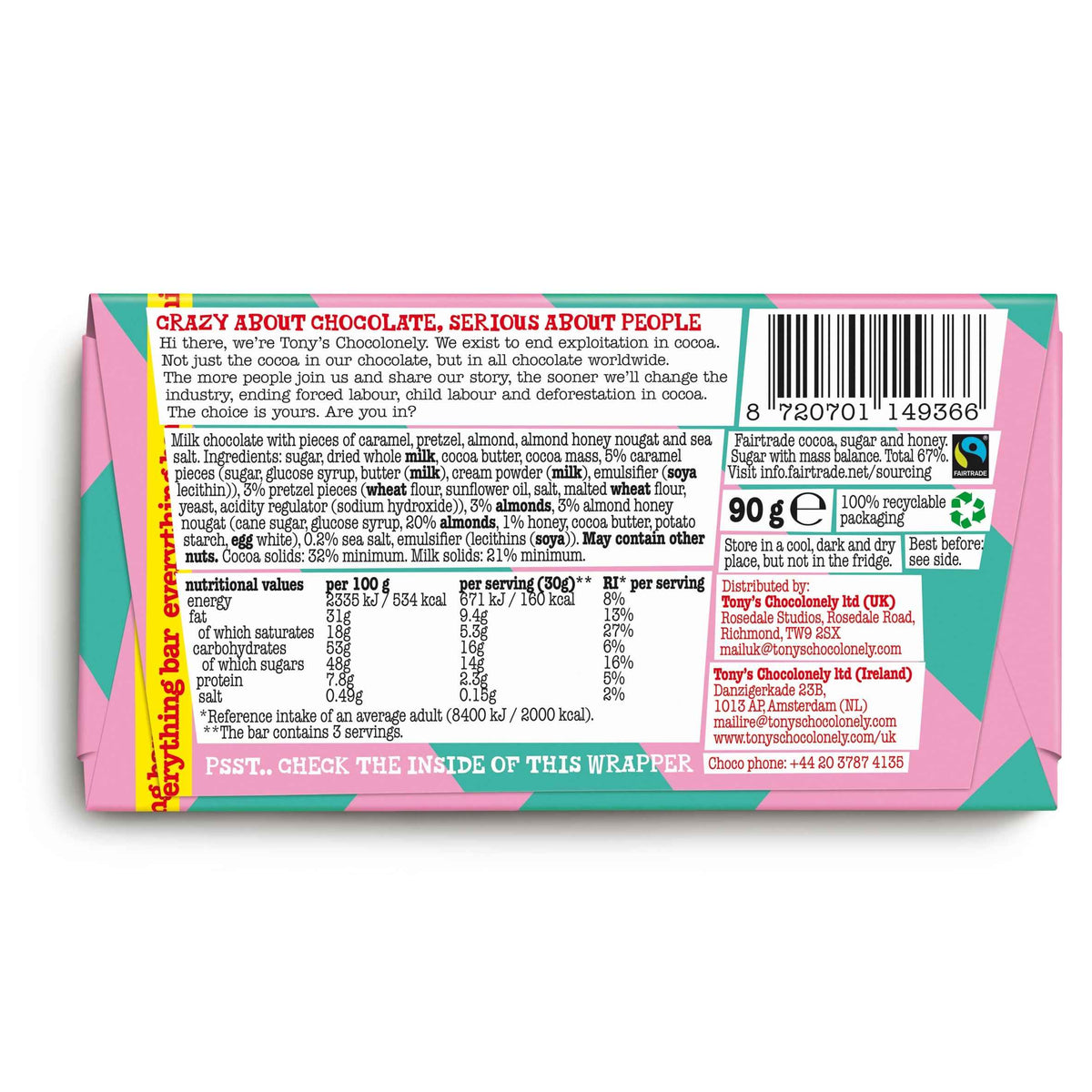 Chocolonely Milk Chocolate Caramel Pretzel Almond Nougat Sea by TONY'S